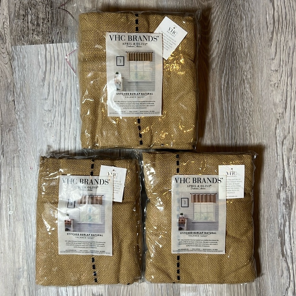 Stitched Burlap Natural Valance (2) 16x60        (1) 16x90 NWT